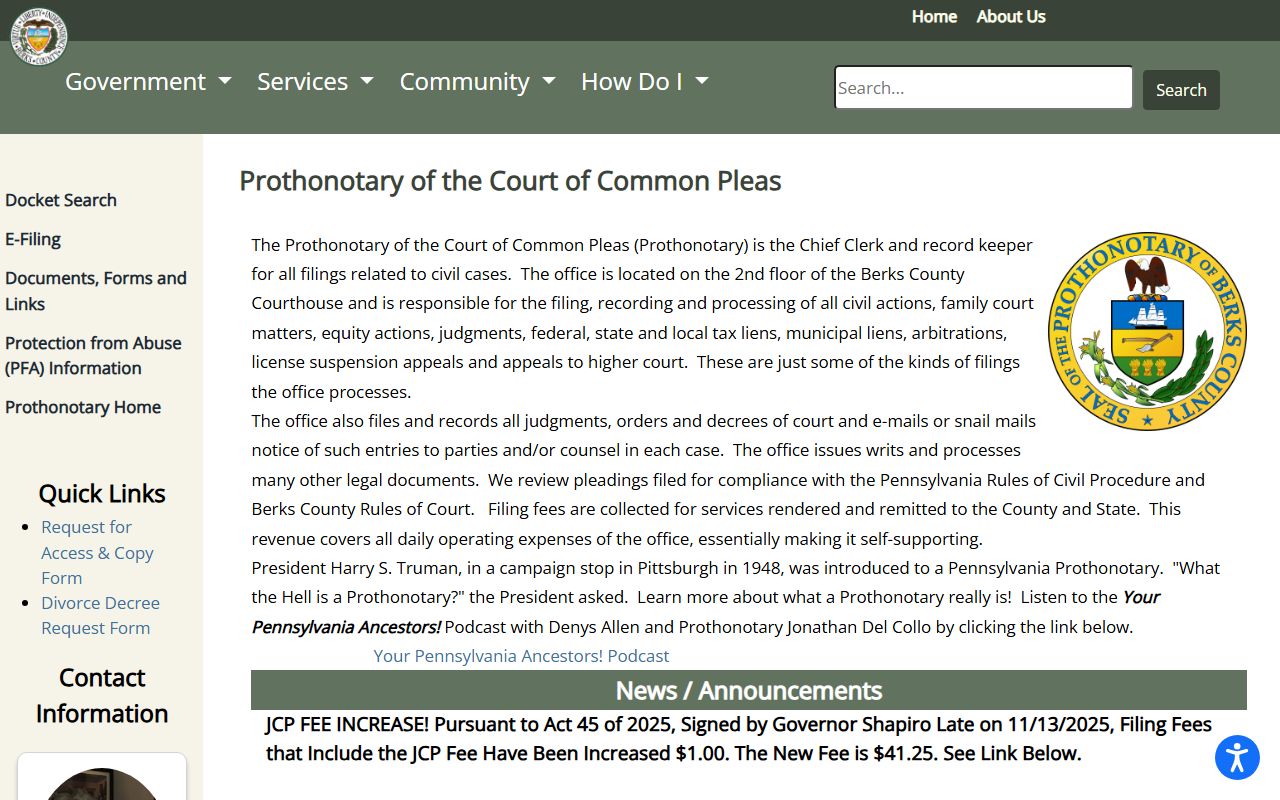 Berks County Prothonotary civil records and docket search links