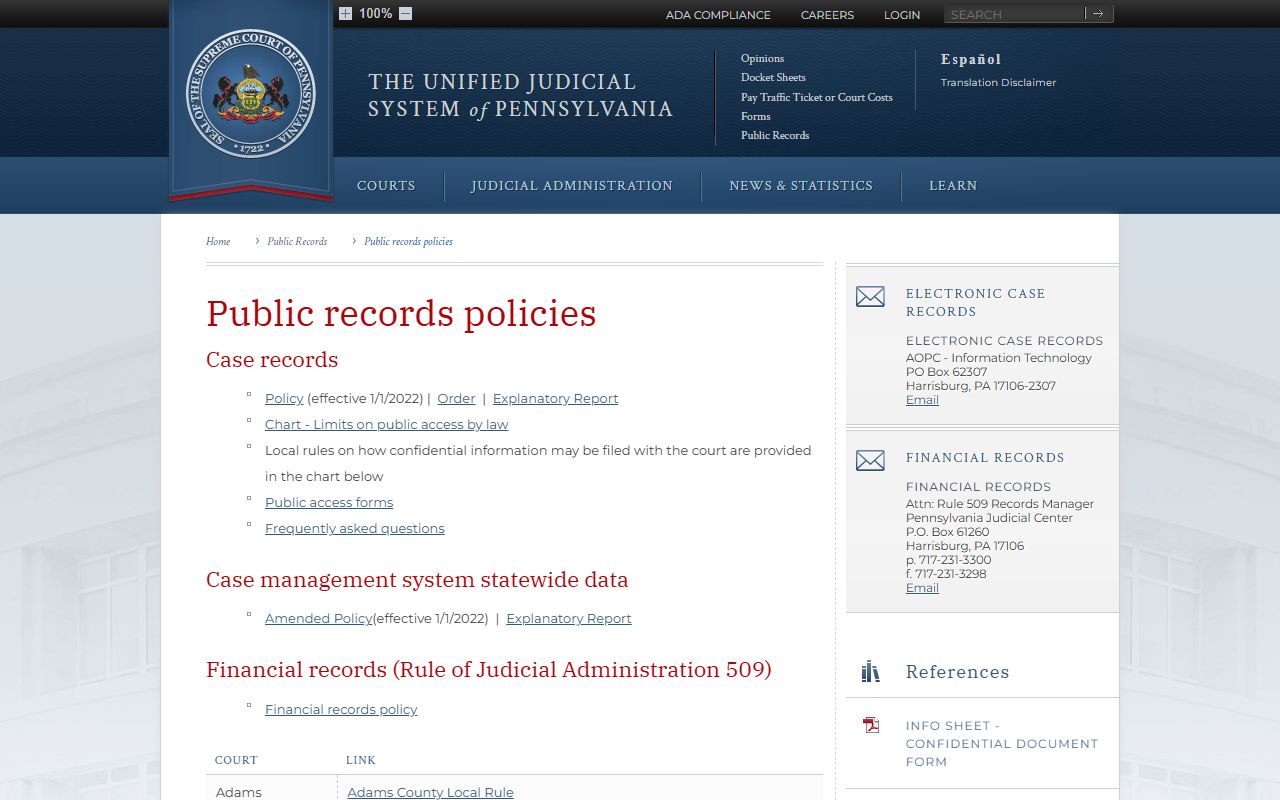 Berks County court records UJS public records policy page