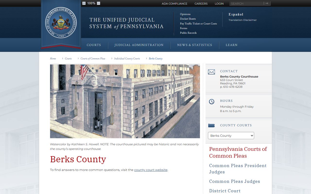 Berks County Court of Common Pleas Pennsylvania UJS court records page