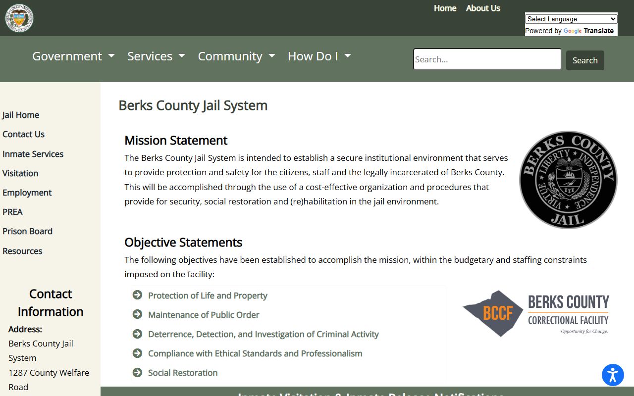Berks County inmate records jail system page