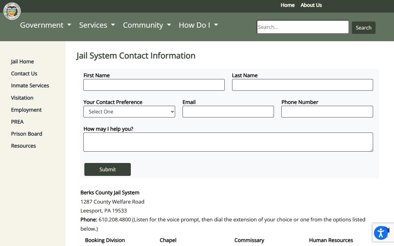 Berks County inmate records jail contact page