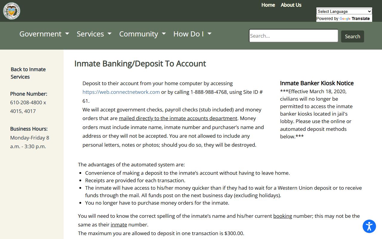 Berks County inmate records jail banking and deposit rules