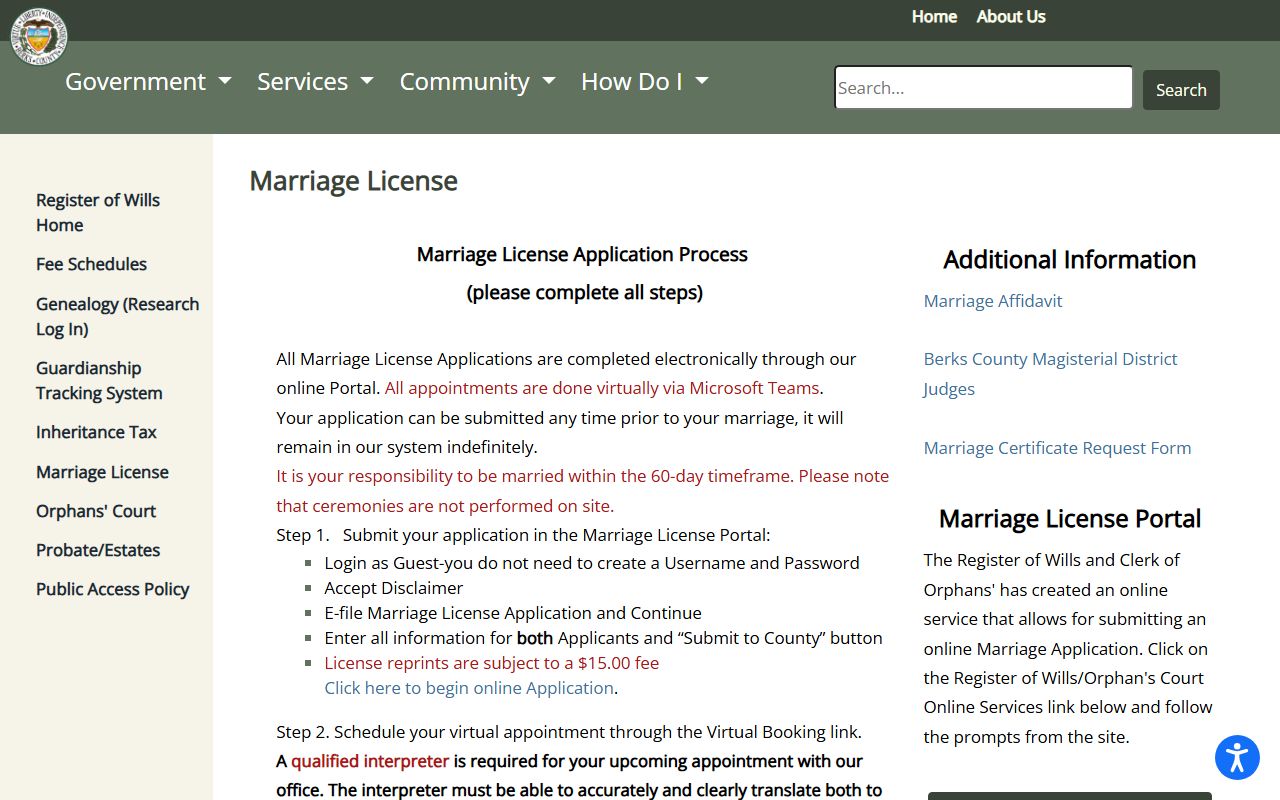 Berks County marriage records marriage license instructions