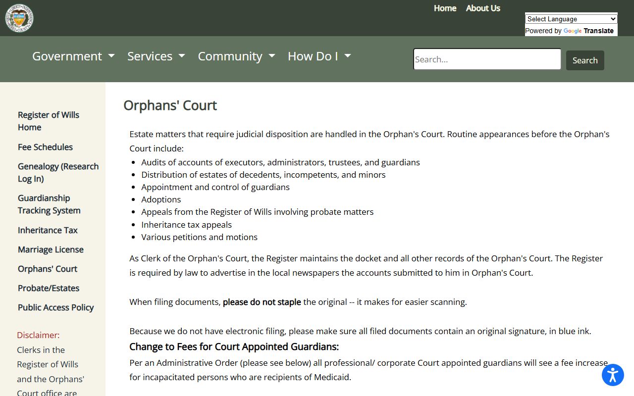 Berks County Orphans' Court probate records page
