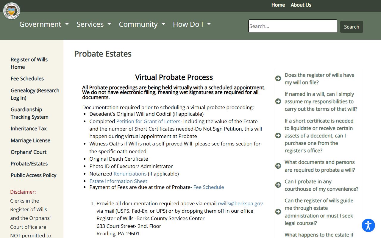 Berks County probate records probate and estates page