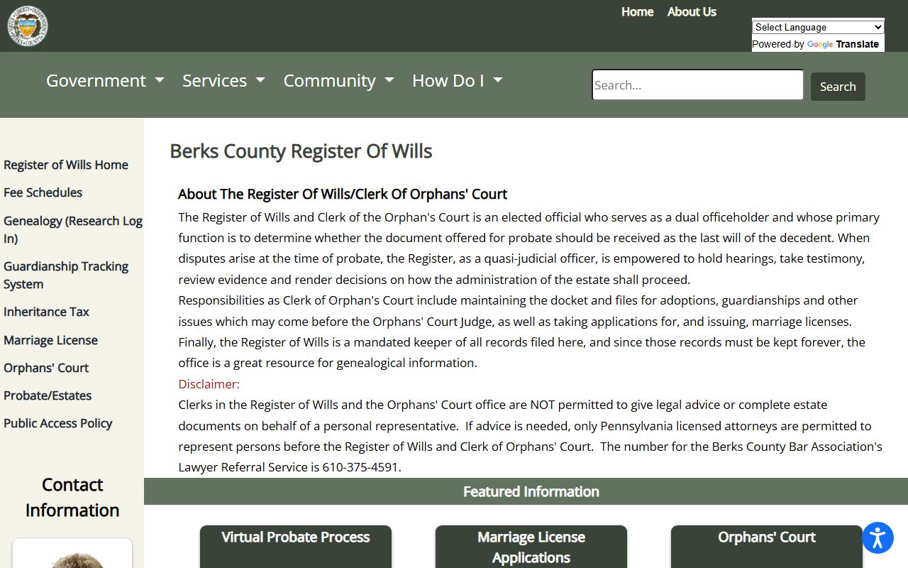 Berks County probate records Register of Wills and Clerk of Orphans' Court page