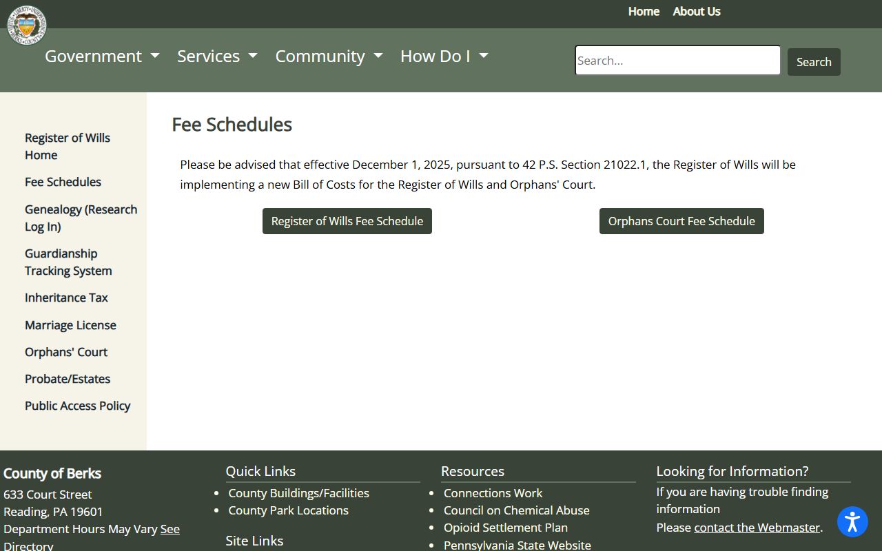 Berks County probate records fee schedule page