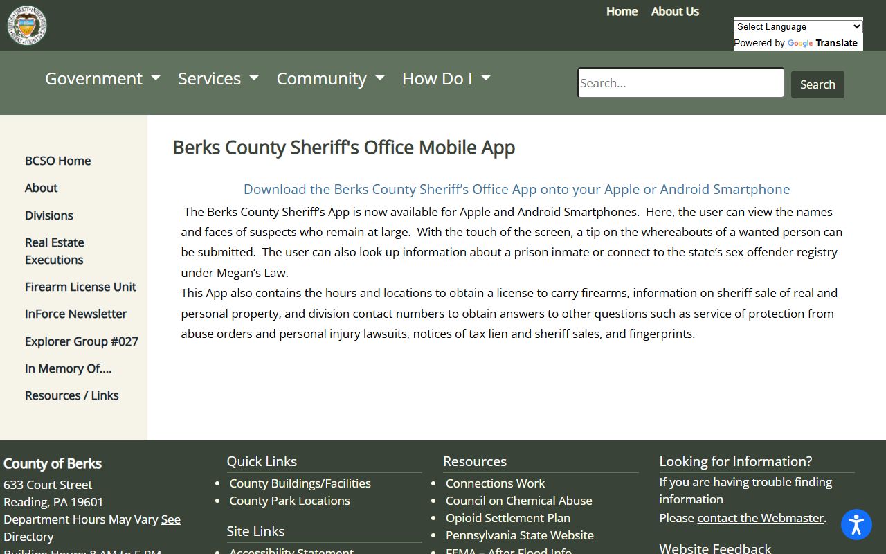 Berks County warrant search Sheriff mobile app wanted person feature