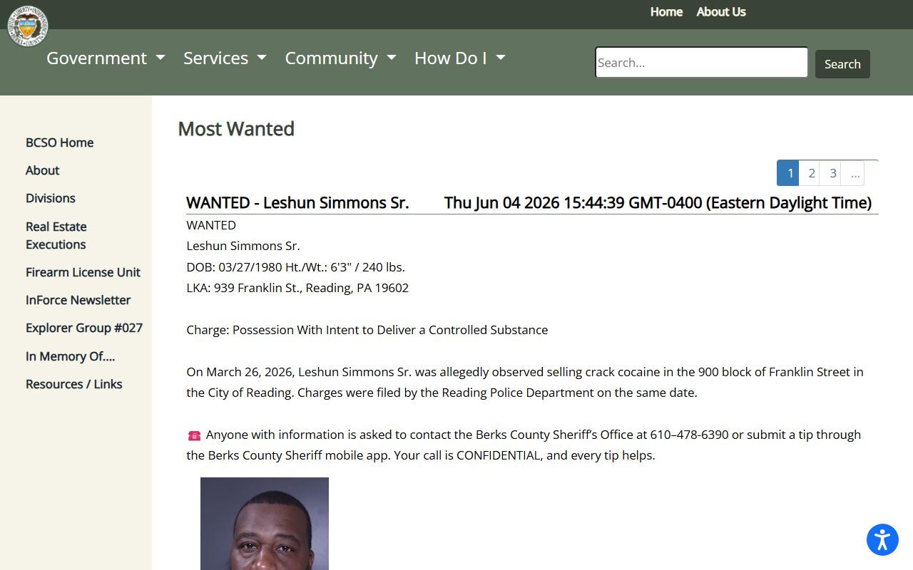 Berks County warrant search Sheriff Most Wanted list
